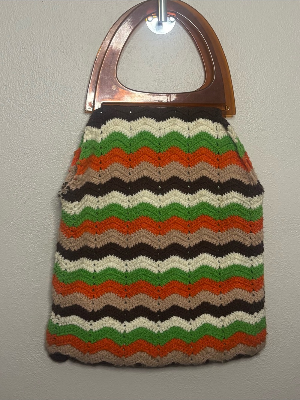 Vintage Style Handmade Crochet Tote Bag Lucite Handles Boho Hippie 1970s